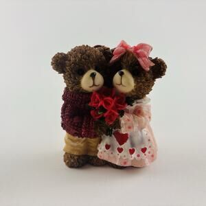 Valentine Teddy Bear Couple Figurine Holding Roses Hearts Romantic Decor